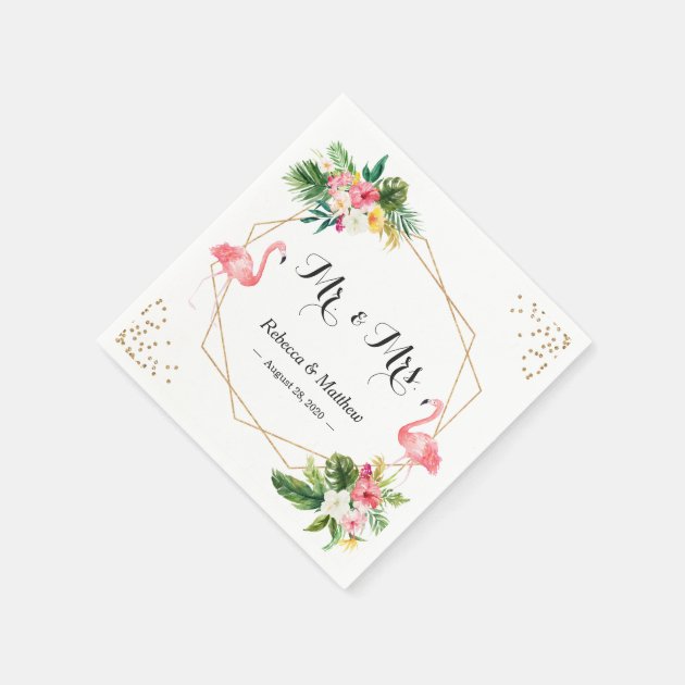 Tropical Floral Flamingos Wedding Mr. And Mrs. Napkin