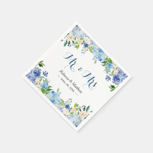 Blue Hydrangea Watercolor Floral Mr & Mrs Wedding Paper Napkin