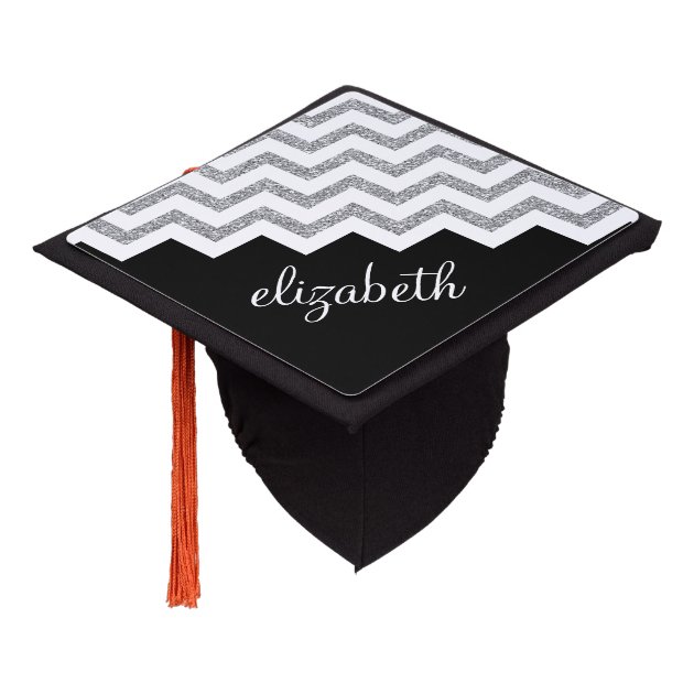 Black And Silver Glitter Print Chevrons And Name Graduation Cap Topper
