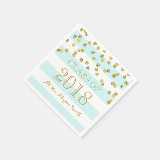 Light Blue Stripes Gold Confetti  2018 Graduation Paper Napkin