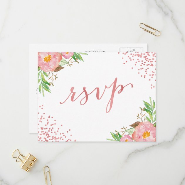 Elegant Chic Rose Gold Dots Floral RSVP Reply Invitation Postcard