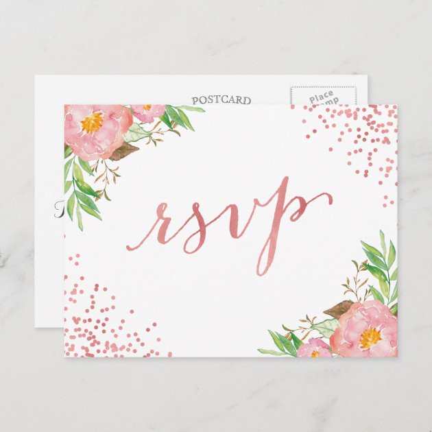 Elegant Chic Rose Gold Dots Floral RSVP Reply Invitation Postcard