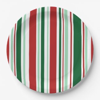 Stylish Christmas Party Red, Green, White Stripes Paper Plate