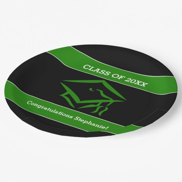 Black And Green Mortarboard Graduation Party Paper Plate