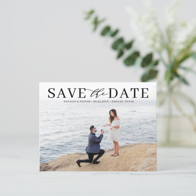 Black Modern Typography Photo Save the Date Announcement Postcard