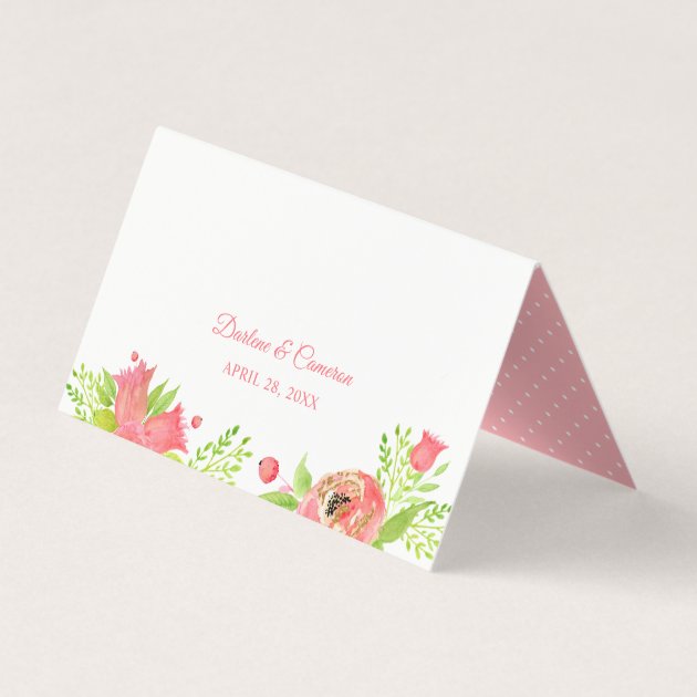 Bright Coral Pink Floral Garden Wedding Place Card