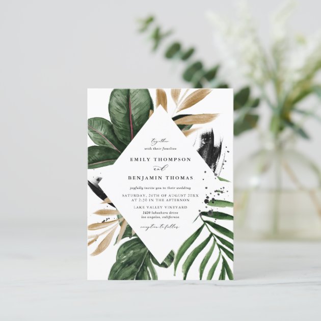 Tropical Leaves Faux Gold Foil Wedding Invitation Postcard