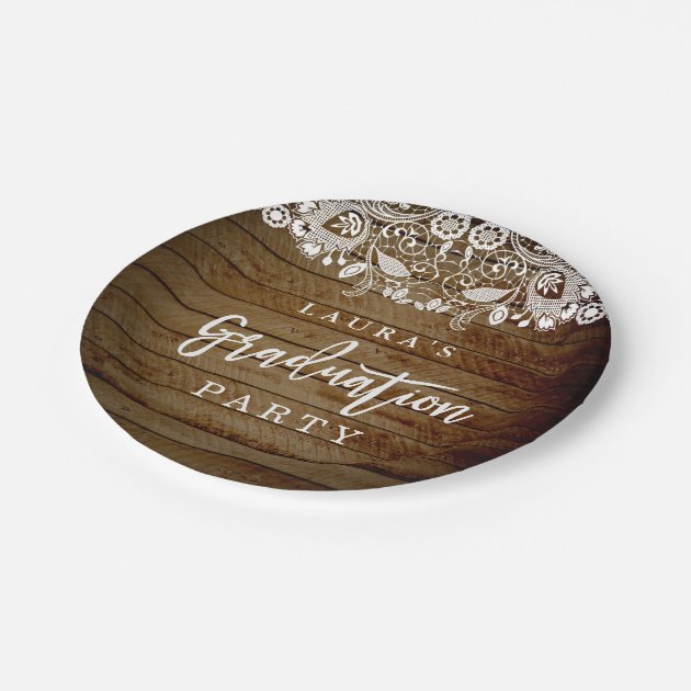 Rustic Lace Wood Graduation Party Paper Plate