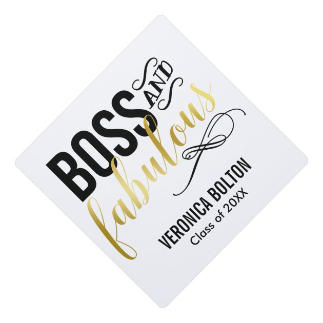 Boss & Fabulous | Gold & Black Typography Graduation Cap Topper