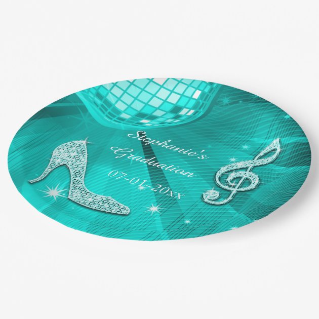 Teal Disco Ball And Heels Graduation Paper Plate
