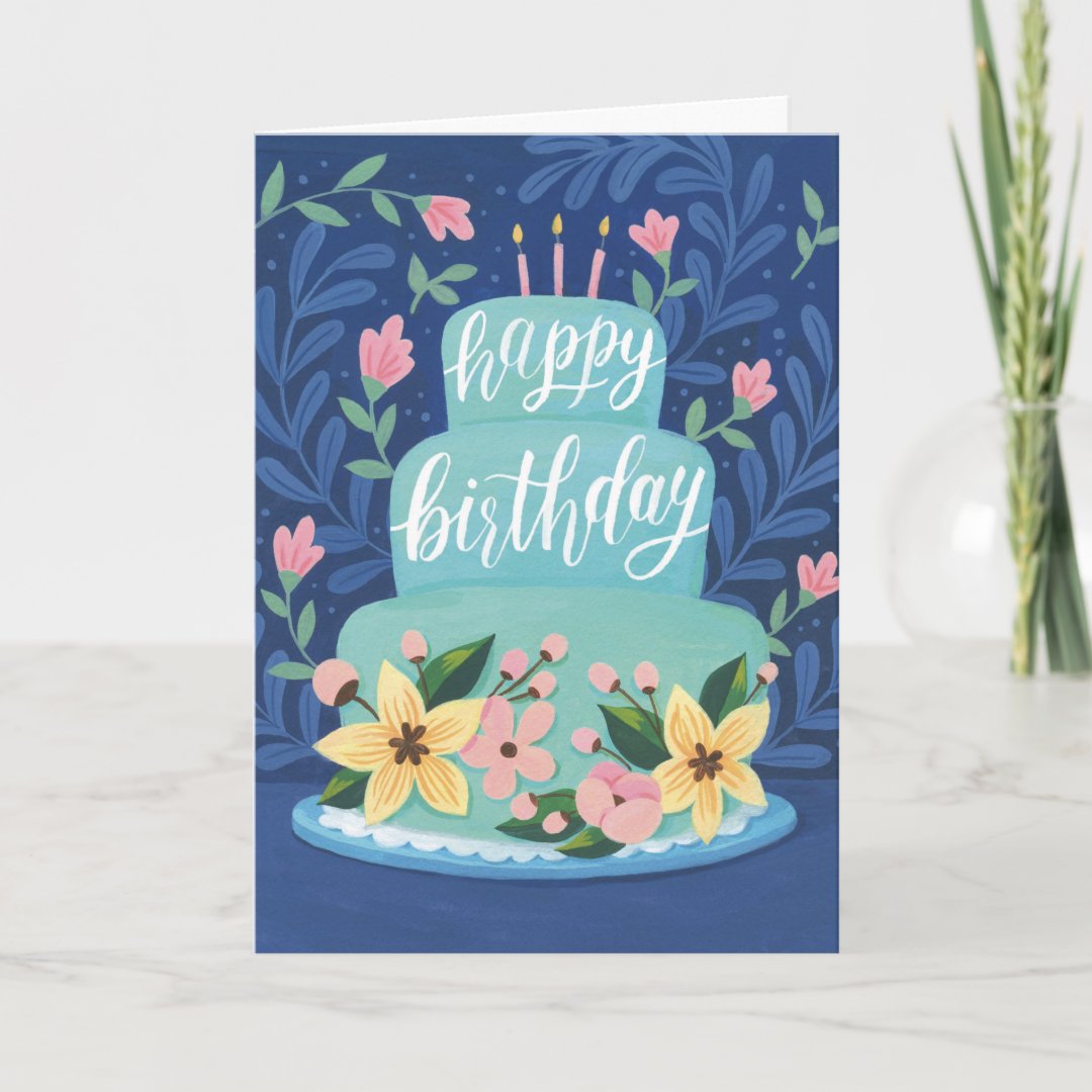 Blue Birthday Cake Birthday Greeting Card (Front)