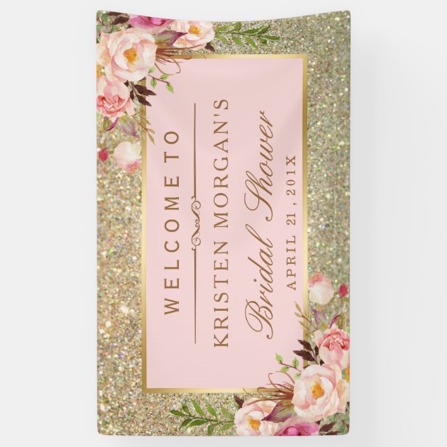 Faux Gold Glitter Blush Pink Floral Bridal Shower Banner