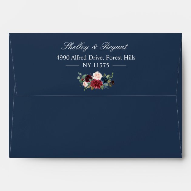 5x7 - Burgundy Blush Blue Floral & Return Address Envelope