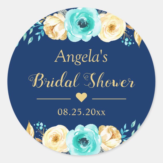 Bridal Shower Favor Navy Blue Mint Gold Floral Classic Round Sticker