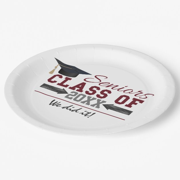 Maroon And Gray Graduation Party Plate