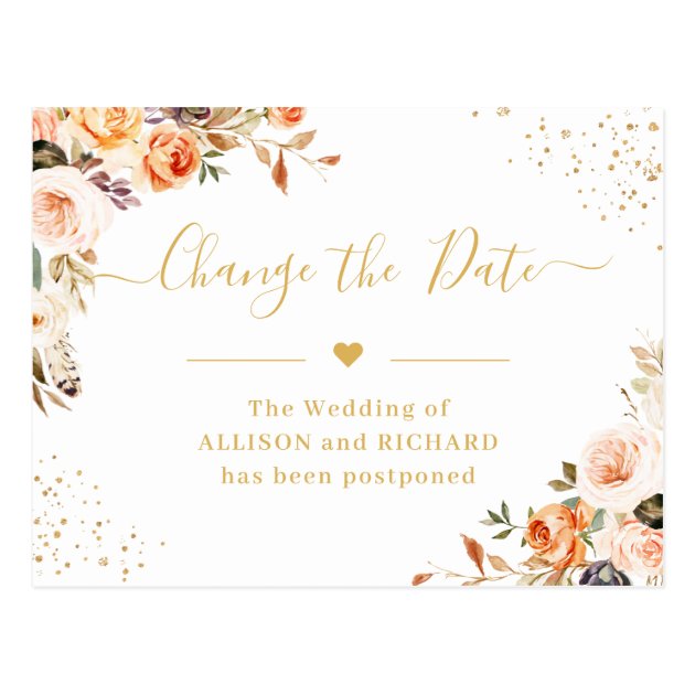 Change the Date Autumn Gold Floral Postponed Postcard