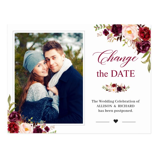 Change the Date Rustic Burgundy Blush Floral Photo Postcard