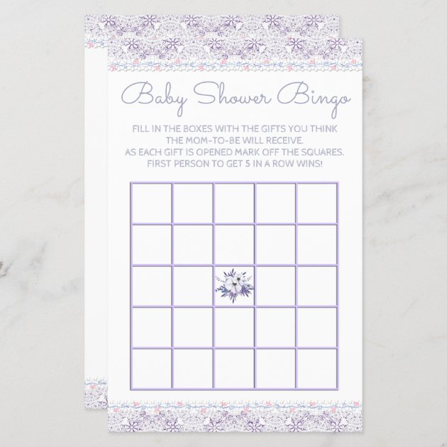 Lavener Lace Girl Baby Shower Bingo Invitation