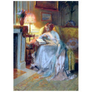 Woman reading by the lamp antique painting postcard | Zazzle