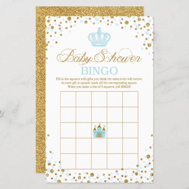 Glitter Blue Royal Crown Prince Baby Shower Bingo