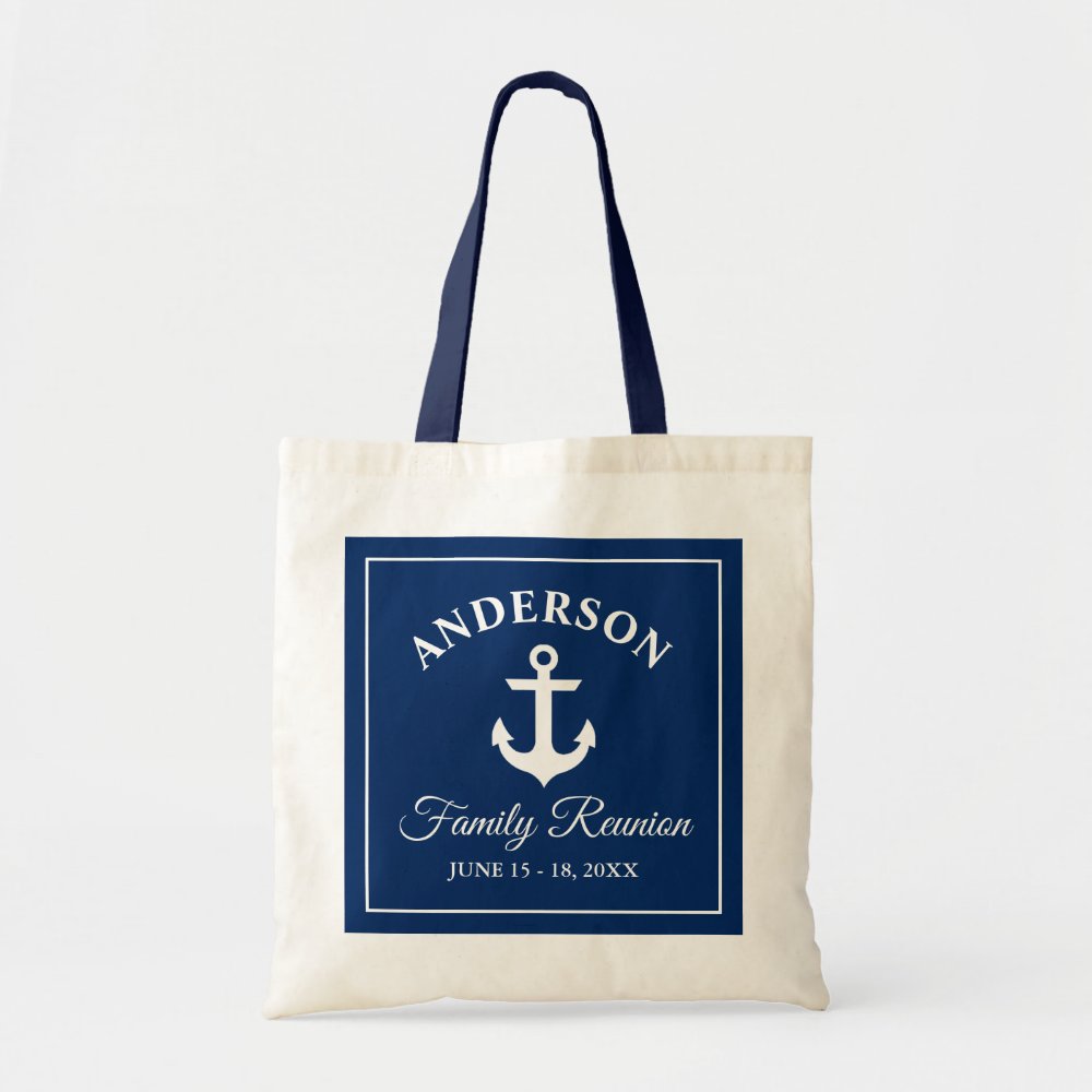 Nautical Anchor Family Reunion Blue Handle Custom Name Tote Bag