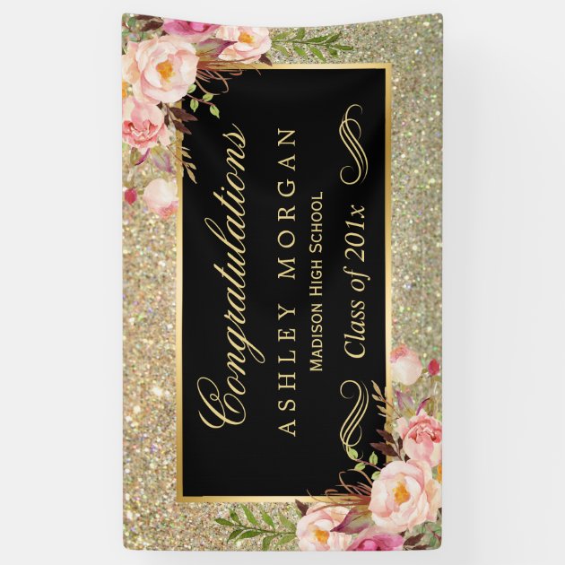 Faux Gold Glitter Pink Floral Graduation Party Banner