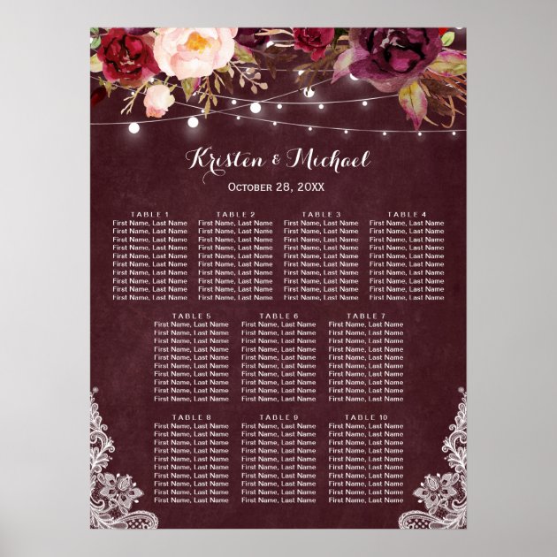 Burgundy Floral Lights Lace Wedding Seating Chart