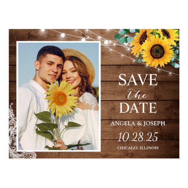 Rustic Sunflower String Lights Save the Date Photo Postcard