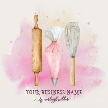 Bakery Pastry Chef Baker Utensils Pink  Square Business Card