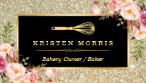 Bakery Chef Whisk Logo Floral Gold Glitter Business Card