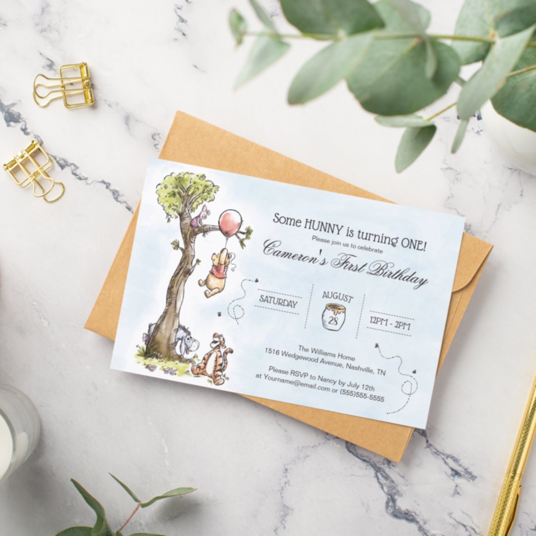 Pooh & Friends Watercolor Tree | First Birthday Invitation