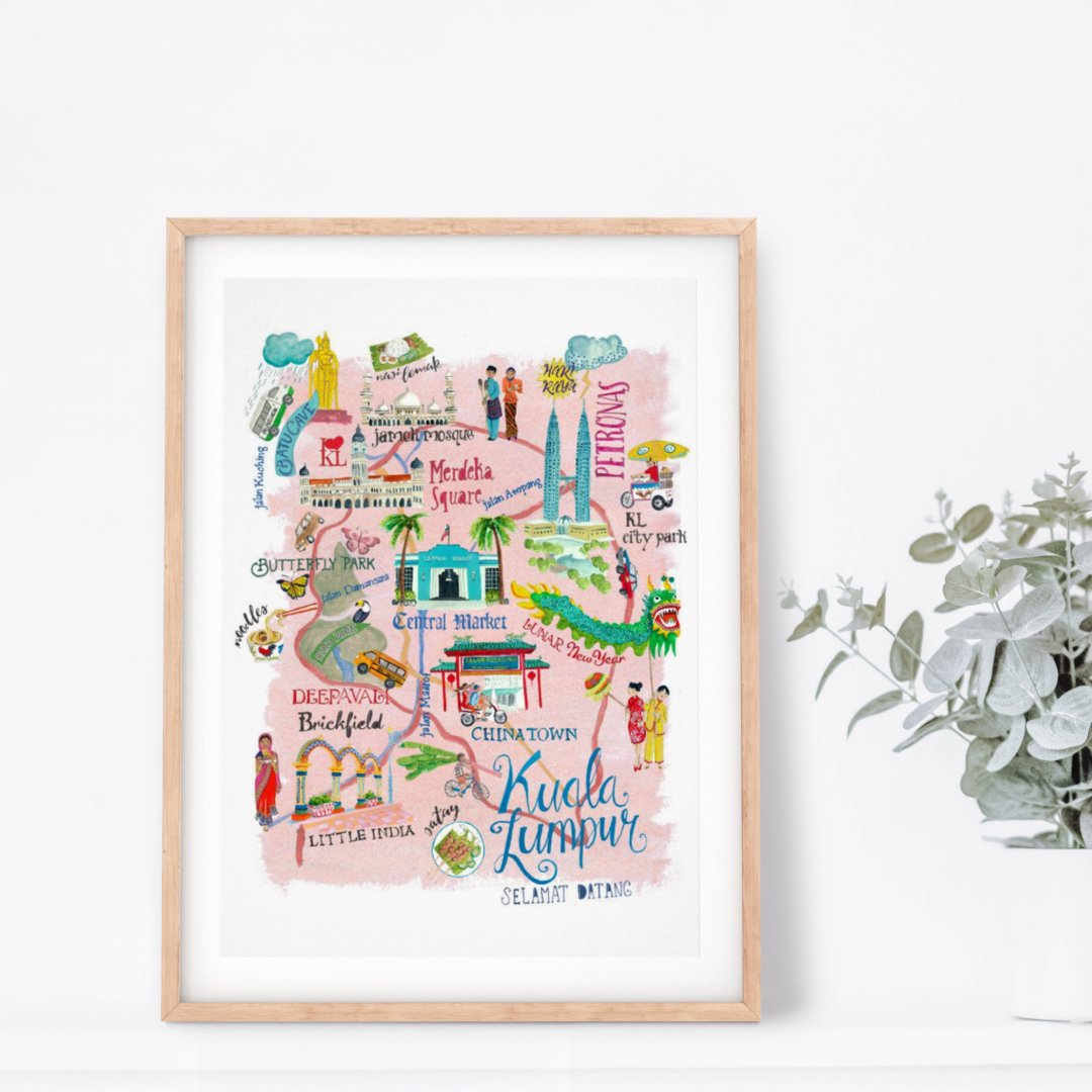 Travel map Kuala Lumpur Asia pink illustrative Poster