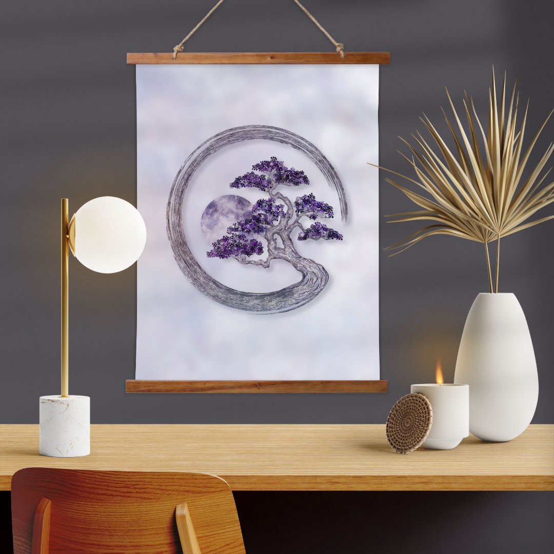 Enso Zen Circle Amethyst Bonsai Tree Hanging Tapestry
