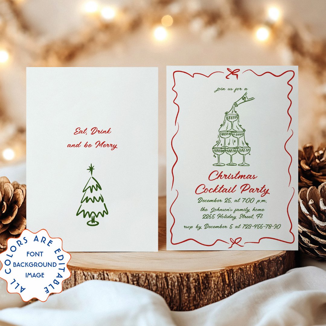 Hand Drawn Whimsical Christmas Cocktail Party Invitation
