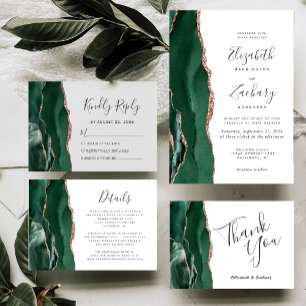 Chic Emerald Green Rose Gold Agate Wedding Invitation