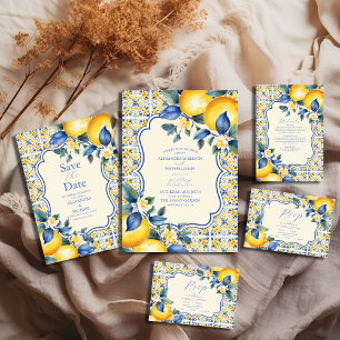 Blue Mediterranean Italian Tile & Lemon Wedding RSVP Card