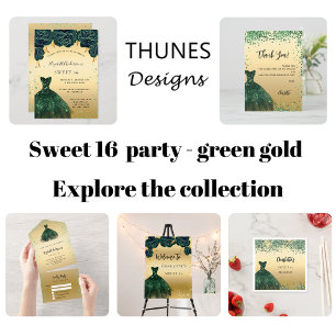 Sweet 16 emerald green gold dress invitation postcard