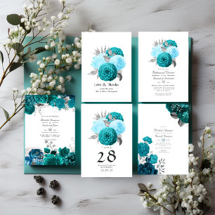 Teal and Silver Floral Wedding QR Code Rsvp Invitation
