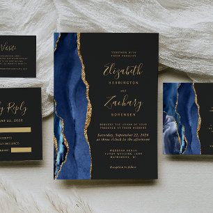 Modern Navy Blue Gold Agate Dark Wedding RSVP Card