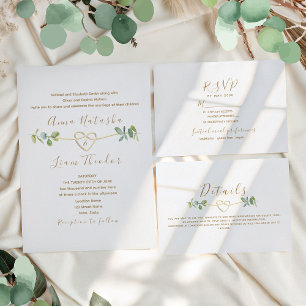 Gold Heart Greenery Photo Wedding All In One Invitation