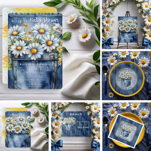 Denim Blue Jean   Daisies Floral Baby Shower Invitation