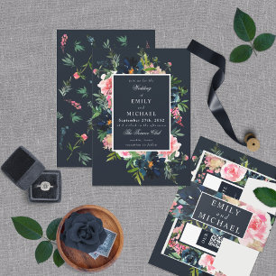Romantic Navy Blue Blush Pink Floral Invitation