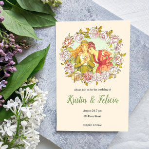 Cute Vintage Art Nouveau LGBTQ Two Brides Cake Topper