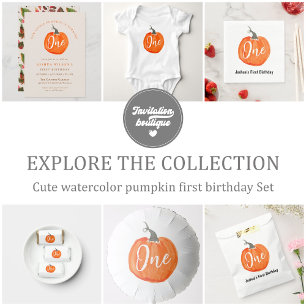Cute watercolor pumpkin first birthday water bottle label