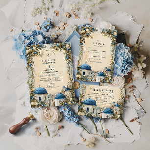Santorini Blue Dome Botanical Destination Wedding Invitation