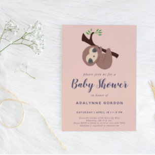 Cute Sloth Baby Shower Girl Pink Brown Calligraphy Invitation Postcard