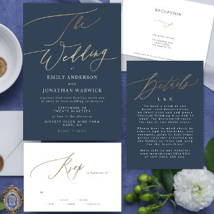 Navy Blue Details Accommodation Gold Wedding RSVP Card