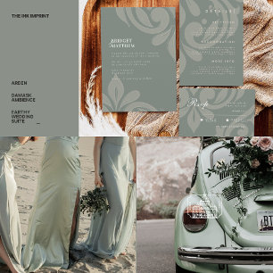 Classic Damask Earthy Olive Photo Wedding RSVP Card