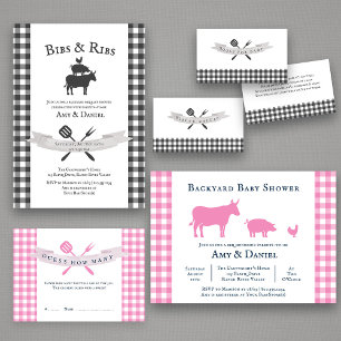 BBQ Baby Shower Rustic Vintage Grey Plaid Invitation