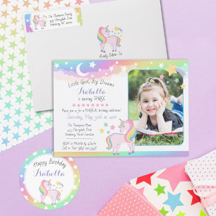 Stars & Moon Rainbow Sky Unicorn Birthday Photo Invitation